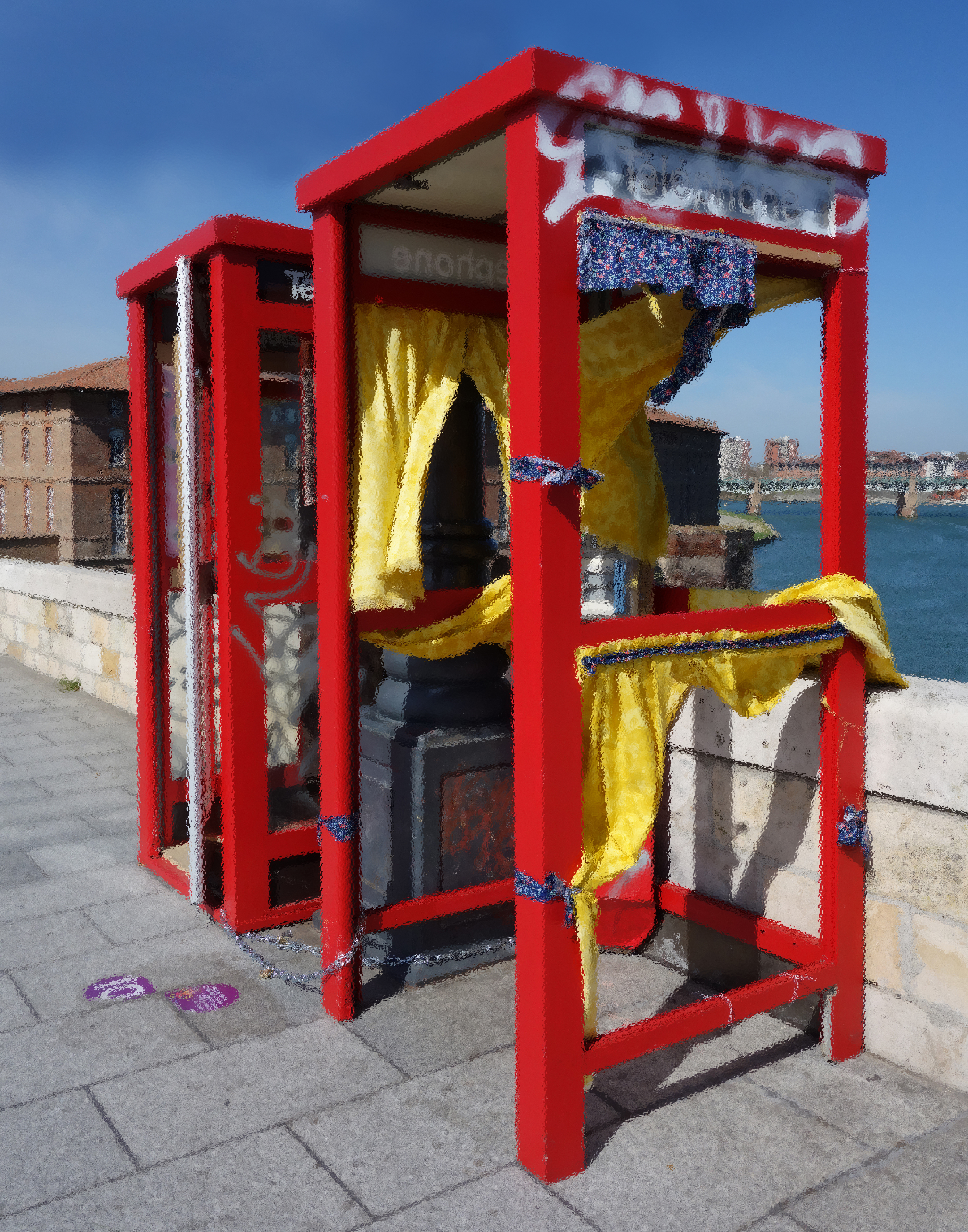 Digital painting of graffitied phone booths